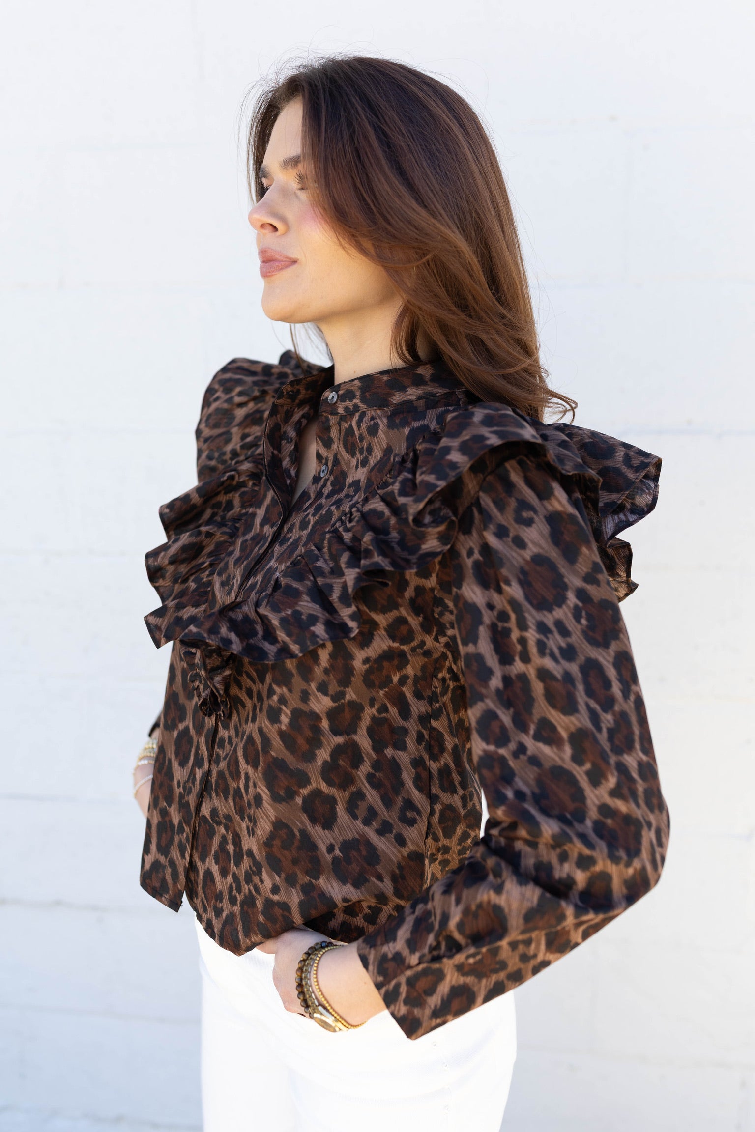 Leopard Ruffle Button Top