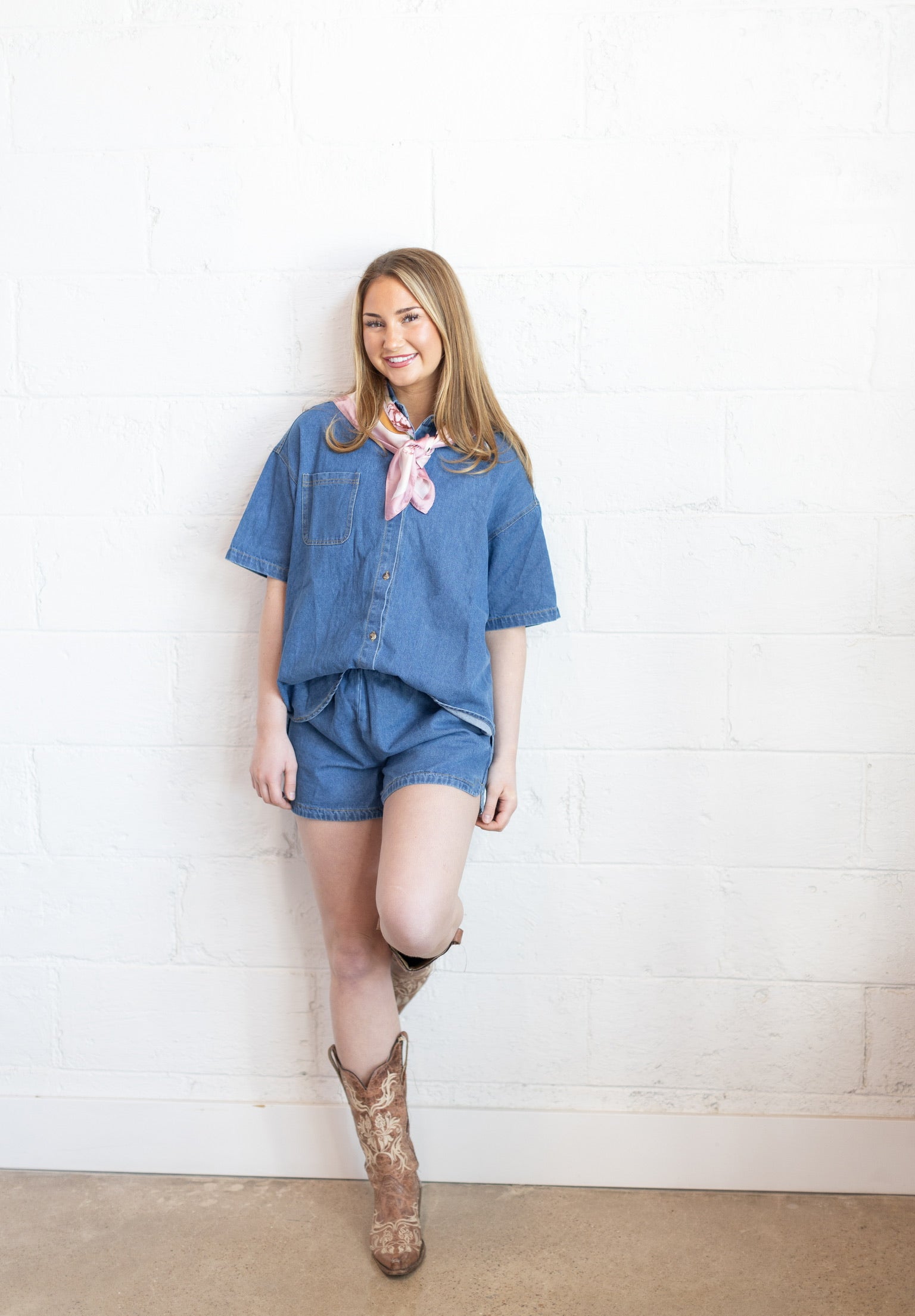 Denim Button Down Short Sleeve Top