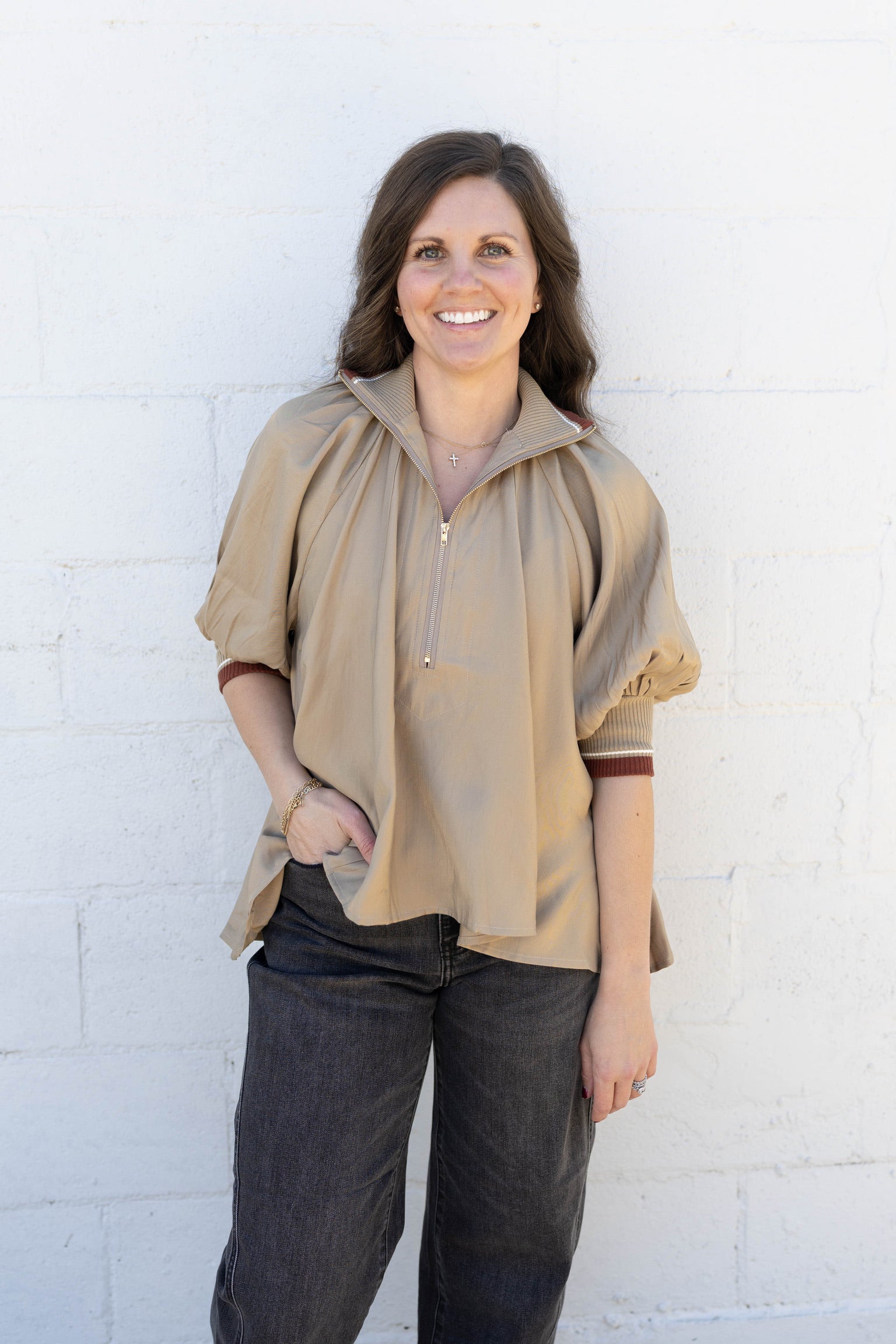 Taupe Stripe Zip Top