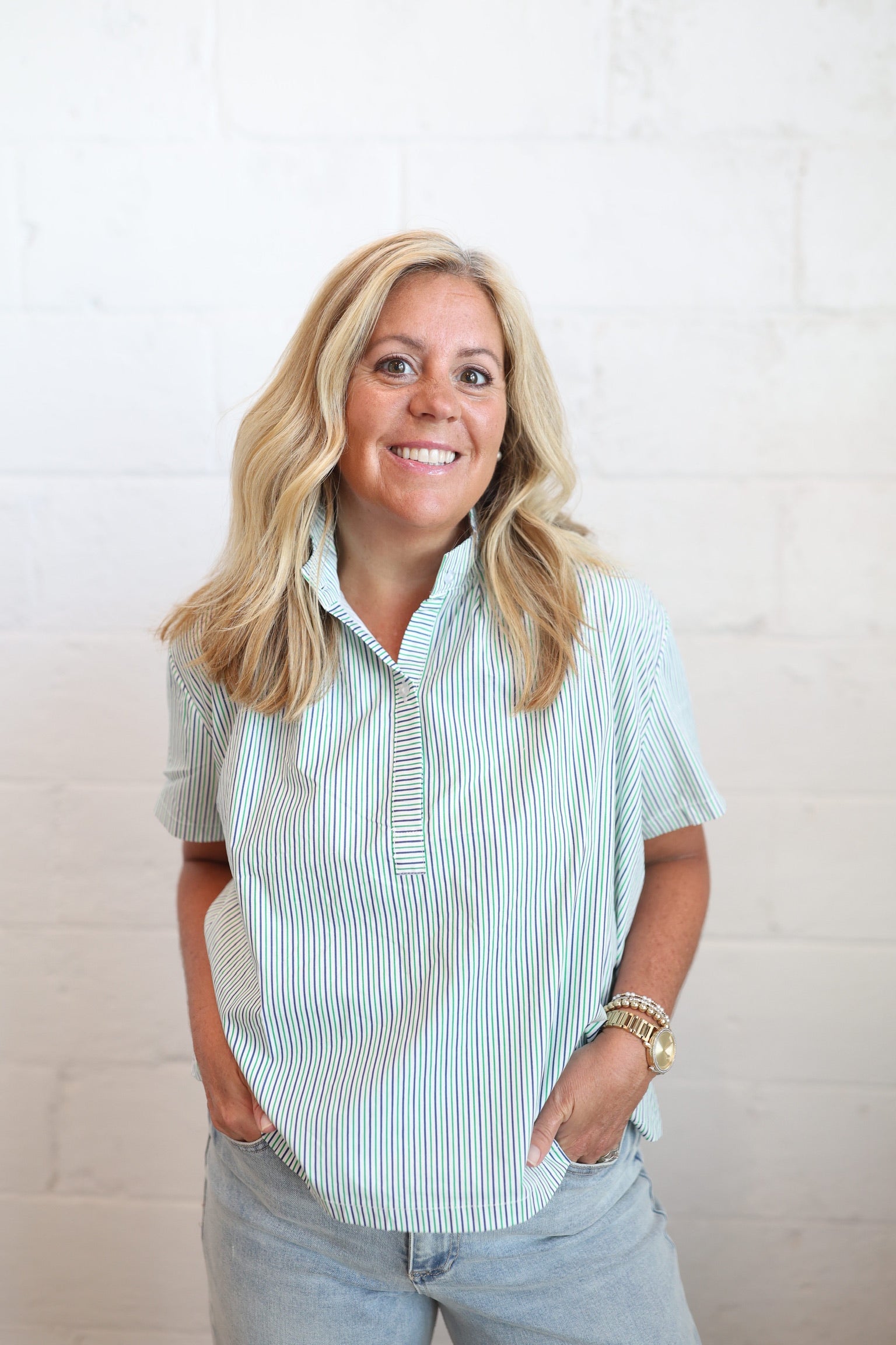 Striped Stand Collar Blouse