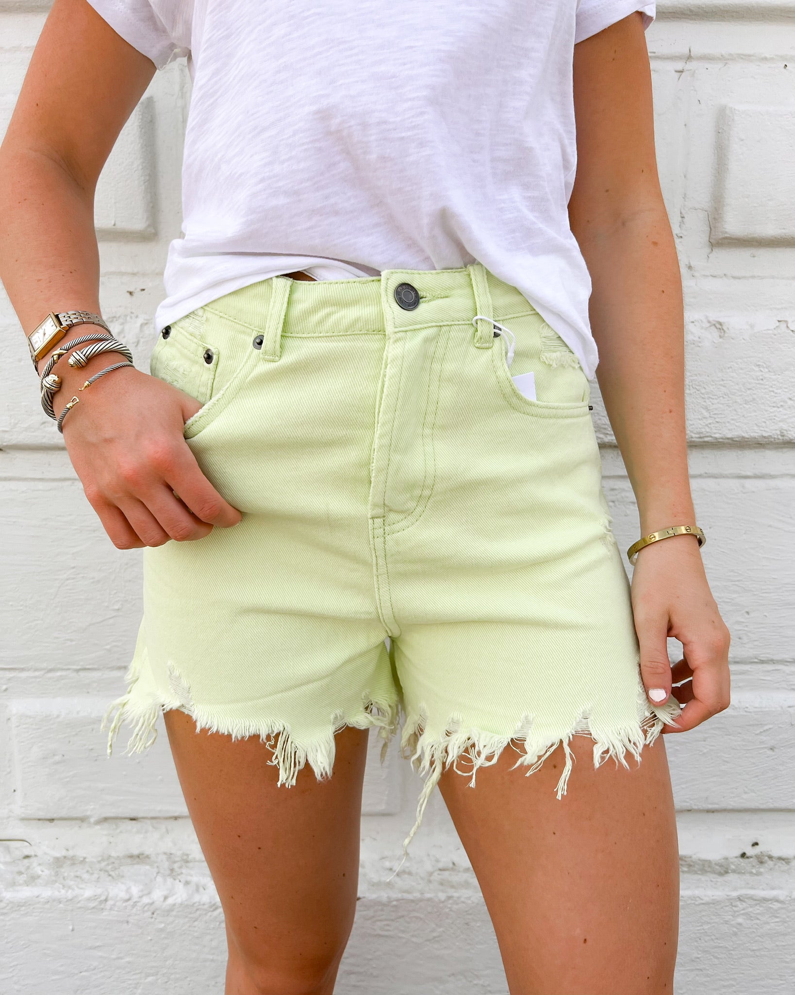 Lime Distressed High Rise Shorts