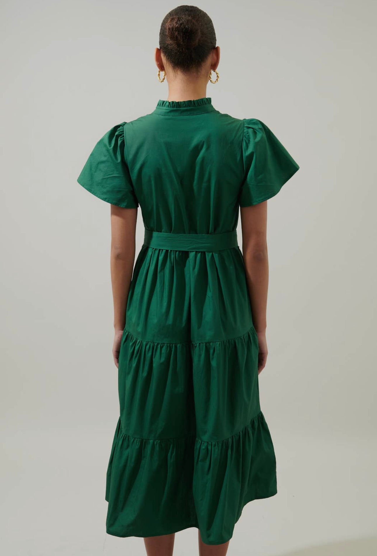 Green Poplin Button Tiered Midi Dress