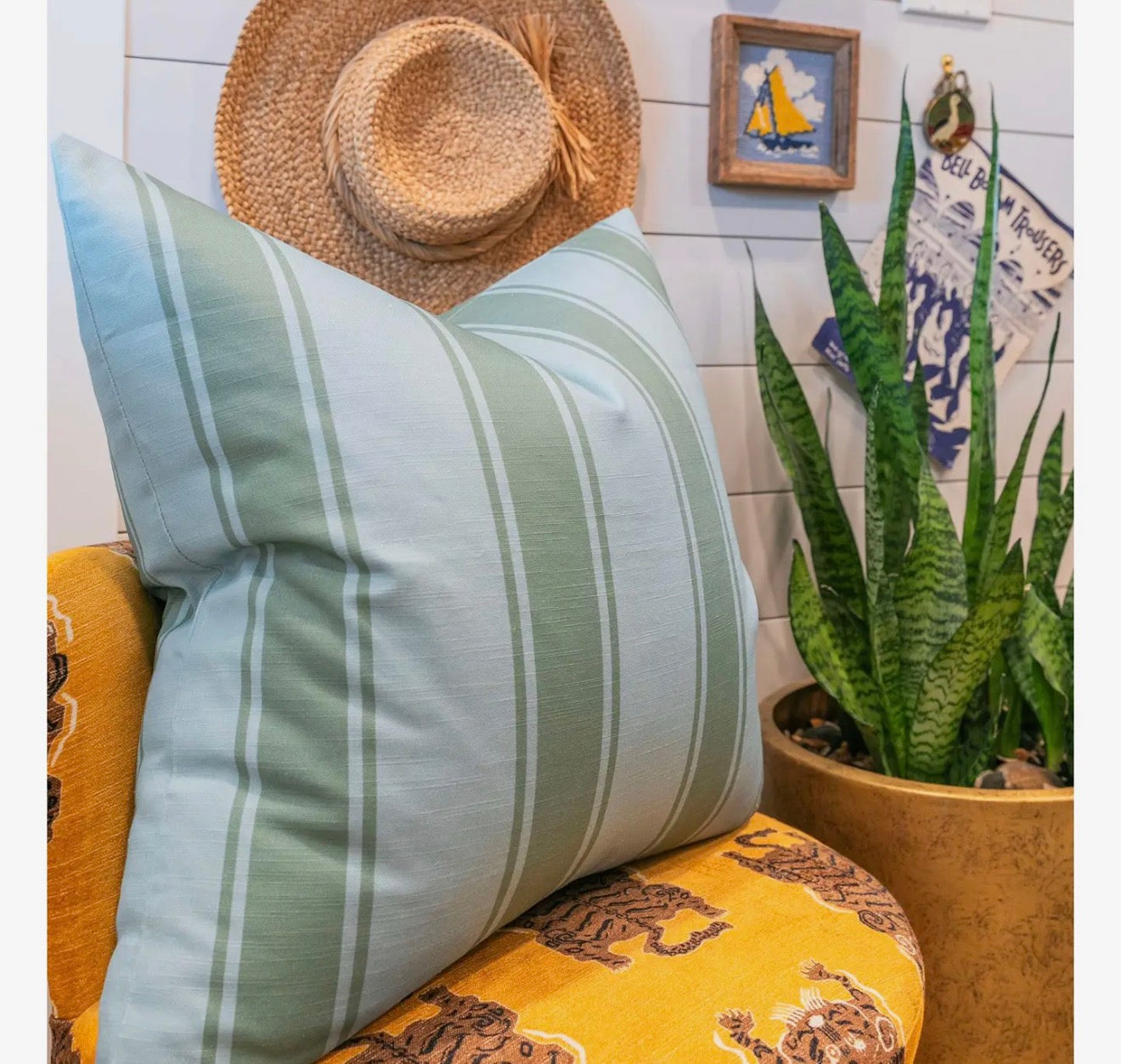 Riviera Stripe Pillow - Powder Blue & Moss