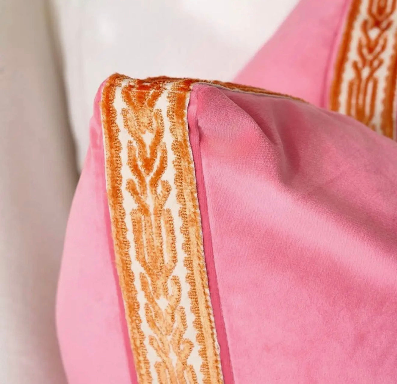 Pink Velvet Pillow w/ Orange Embroidery