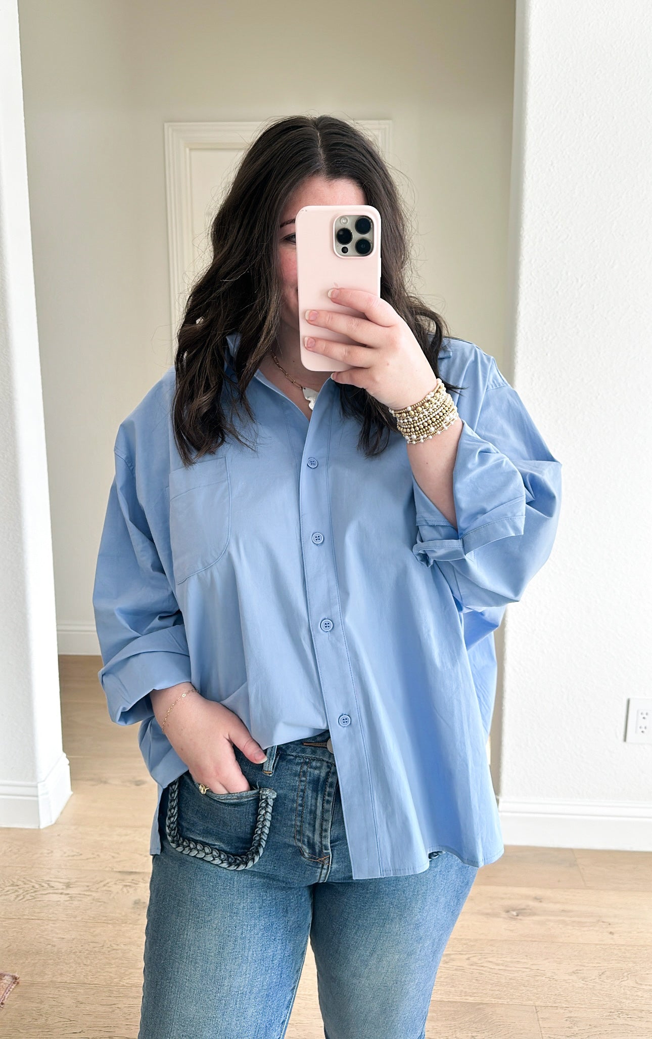 Blue Oversized Button Up Top | Karlie