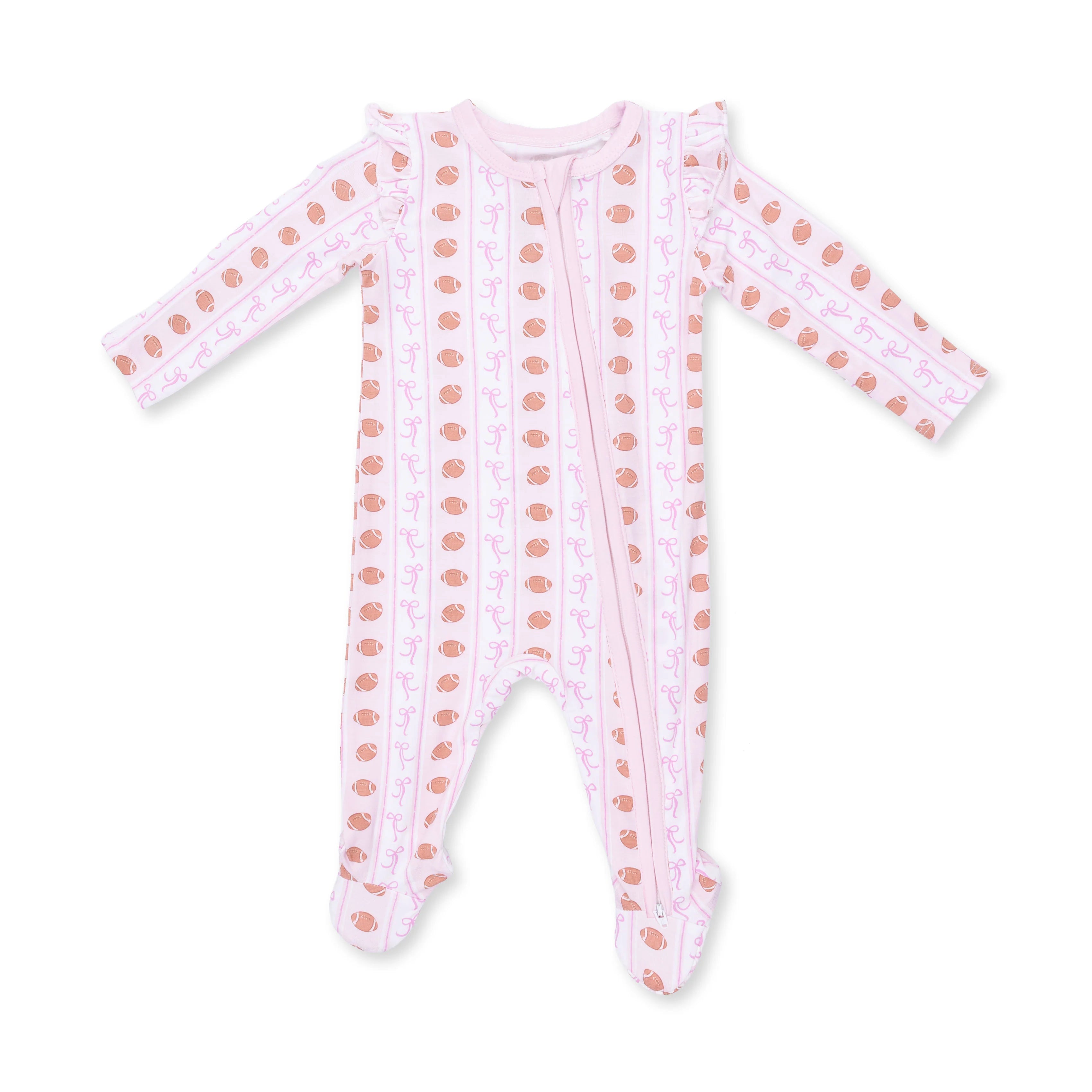 Football Bow Stripe Ruffle Sleeve Zipper Footie