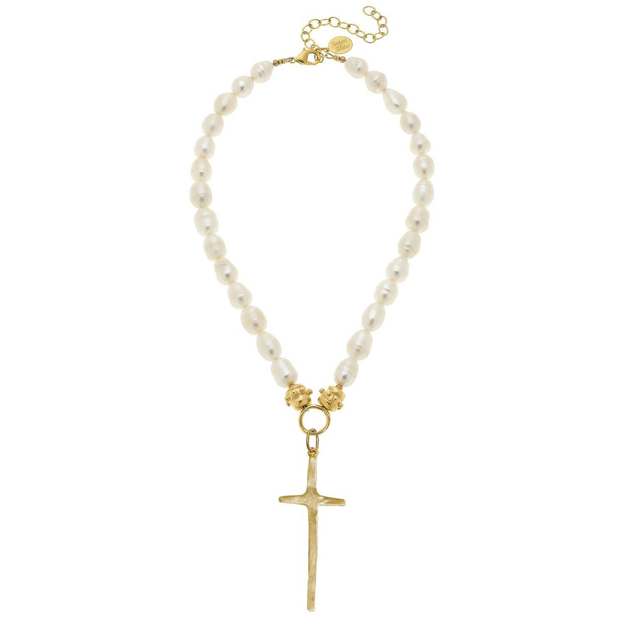 Elongated Cross Pearl Necklace