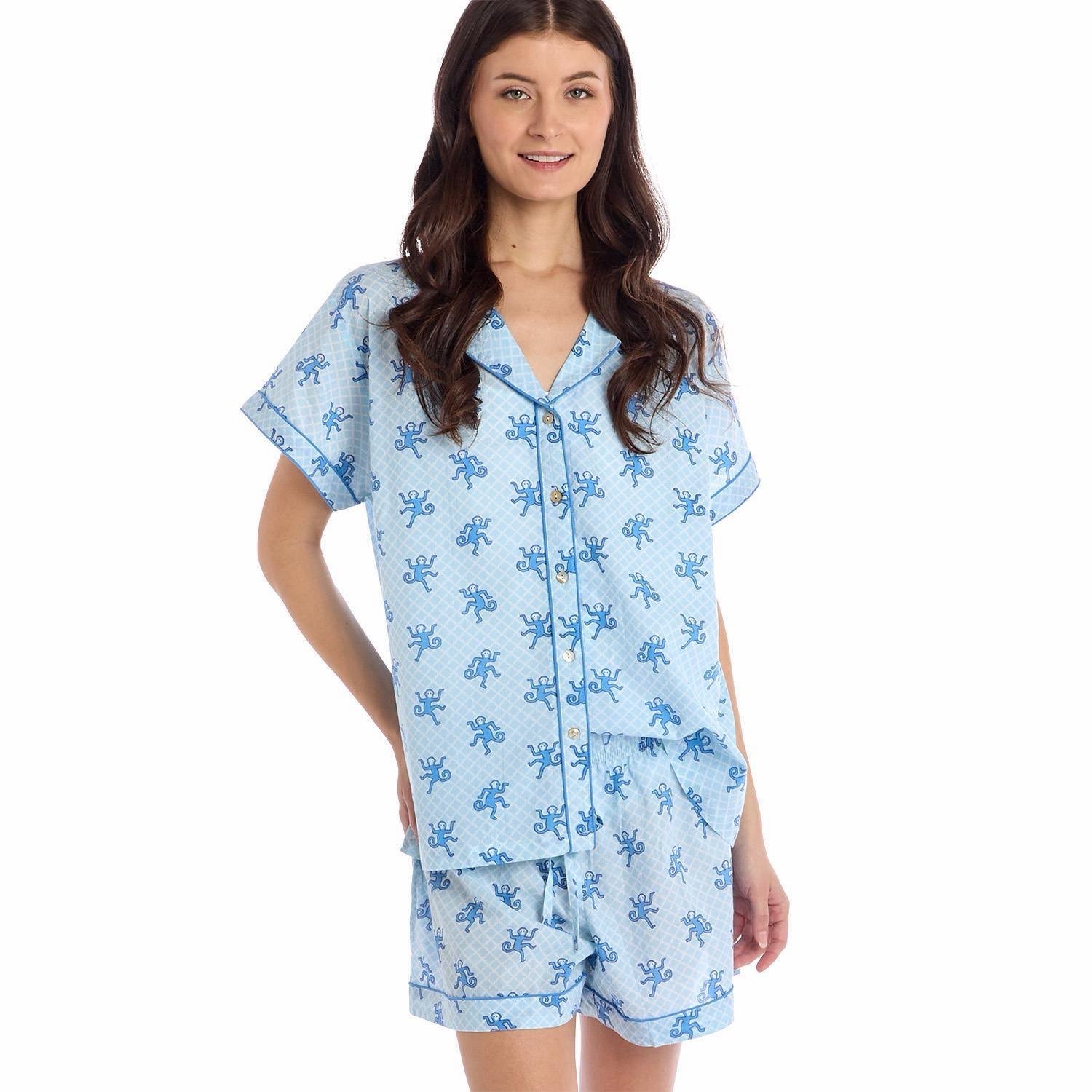 Blue Happy Monkey Cotton Pajama Set