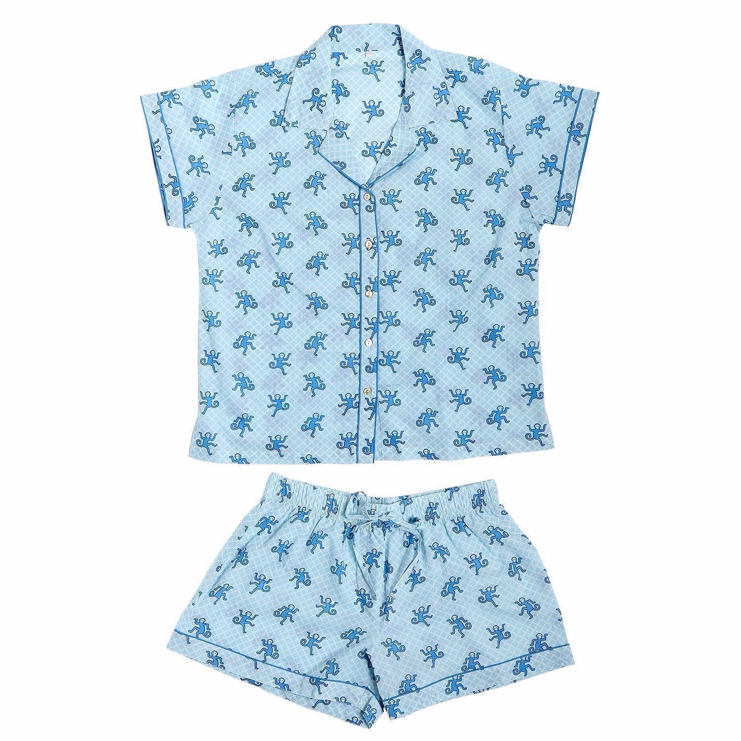 Blue Happy Monkey Cotton Pajama Set