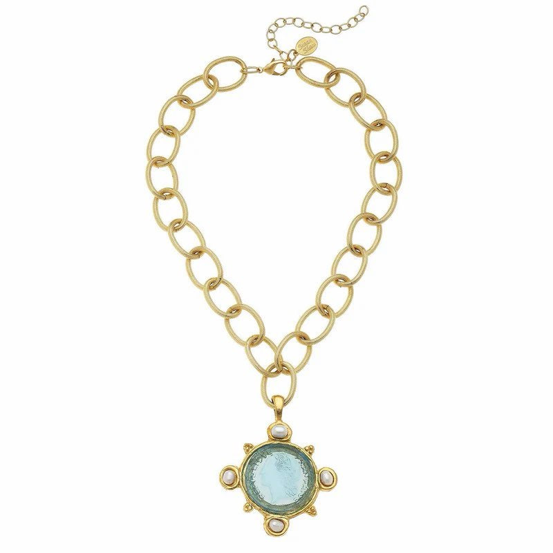 Aqua Glass Coin Intaglio Pearl Necklace