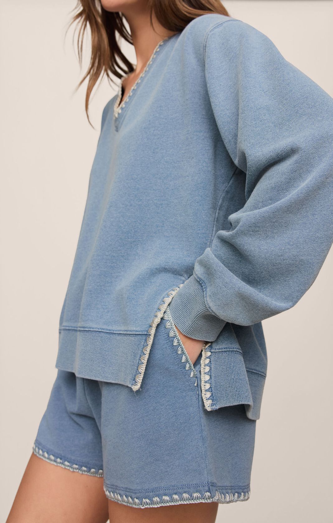 Santorini Cam Knit Denim Whipstitch Top