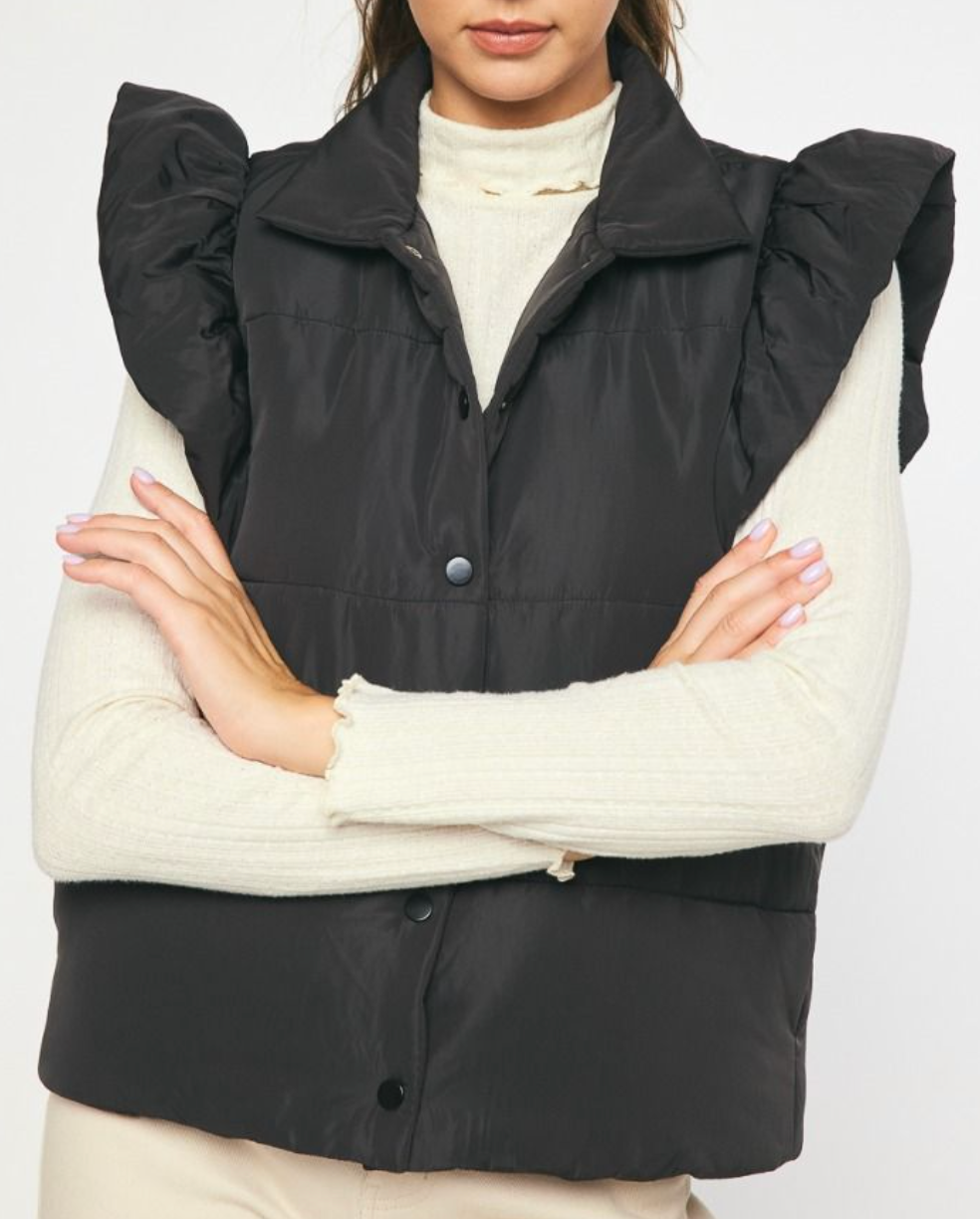 Black Ruffle Sleeve Puffer Vest