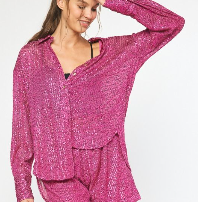 Hot Pink Sequin Button Down