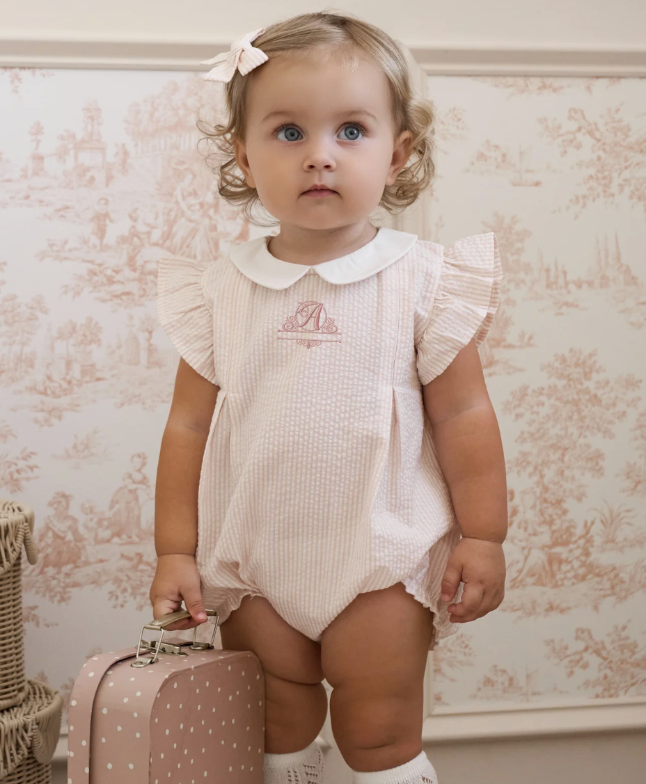 Pink Seersucker Flutter Sleeve Peter Pan Bubble
