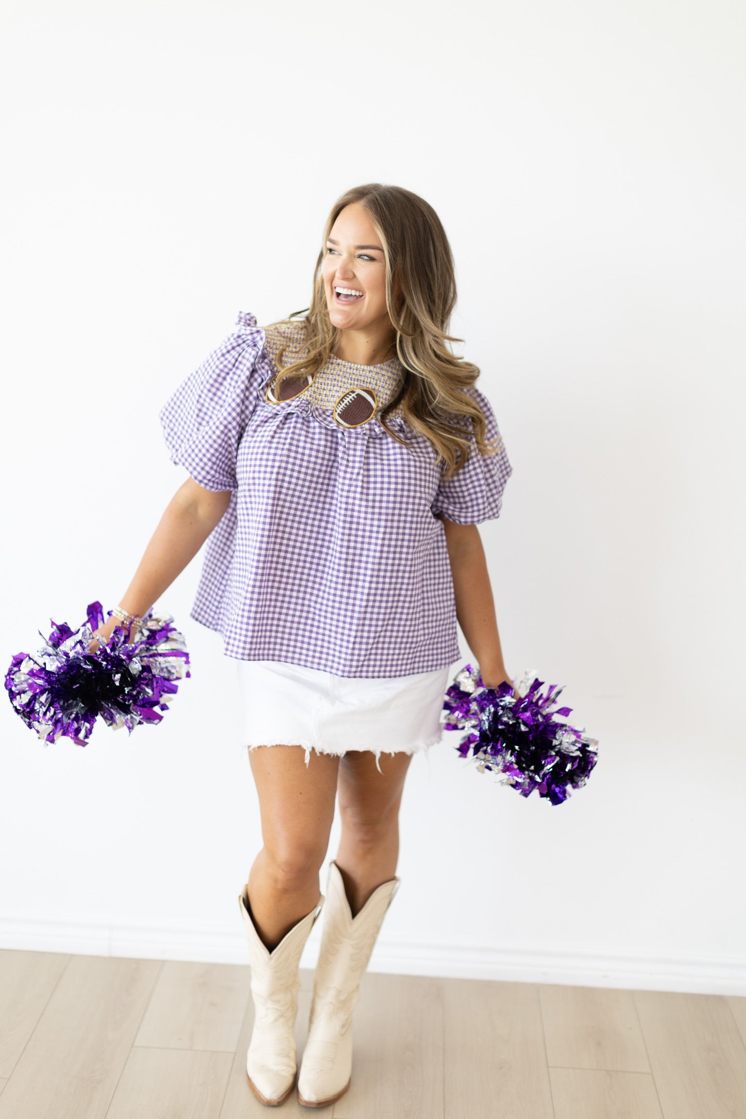 Football Embroidered Gingham Top