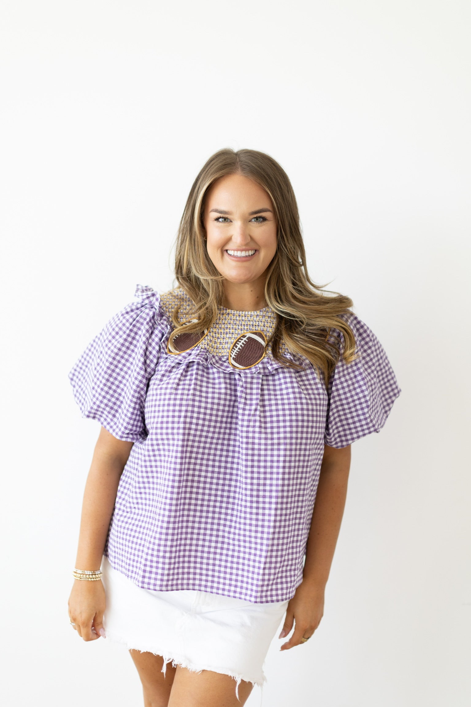 Football Embroidered Gingham Top