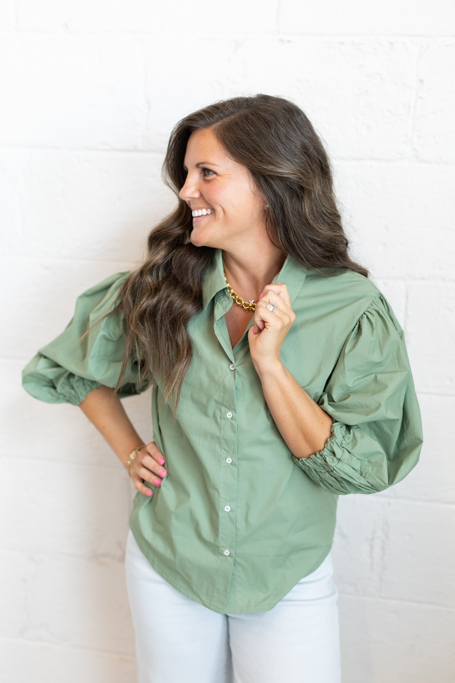 Green Poplin Button Up Blouse