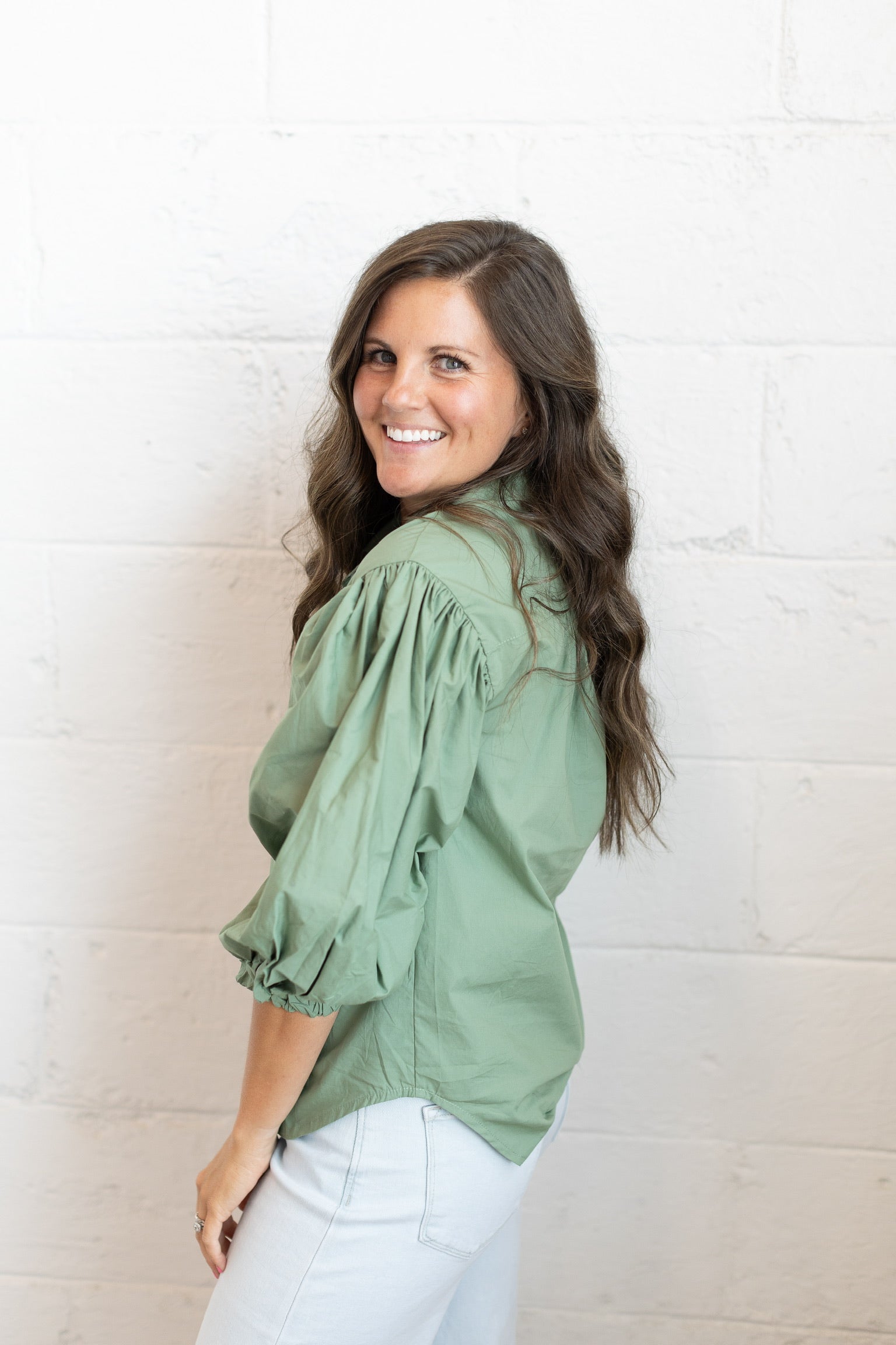 Green Poplin Button Up Blouse