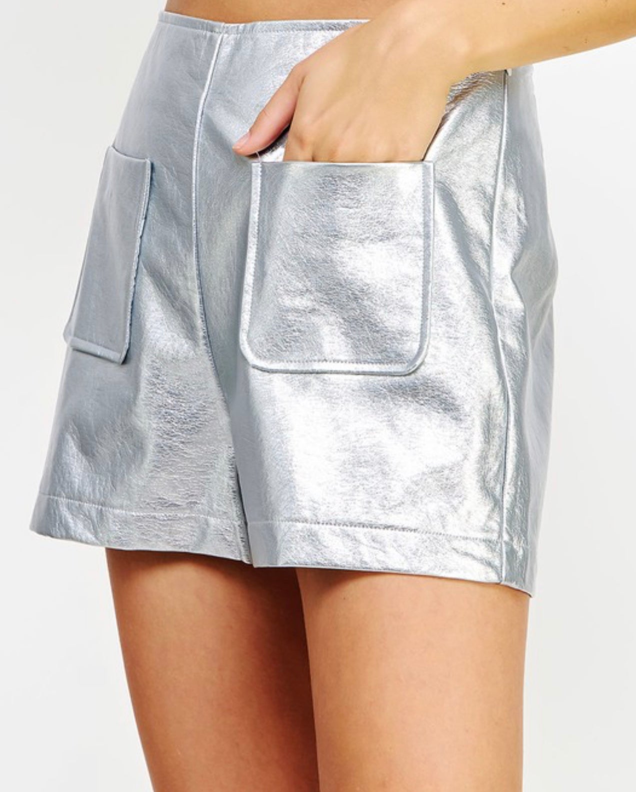 Faux Leather Shorts, Silver