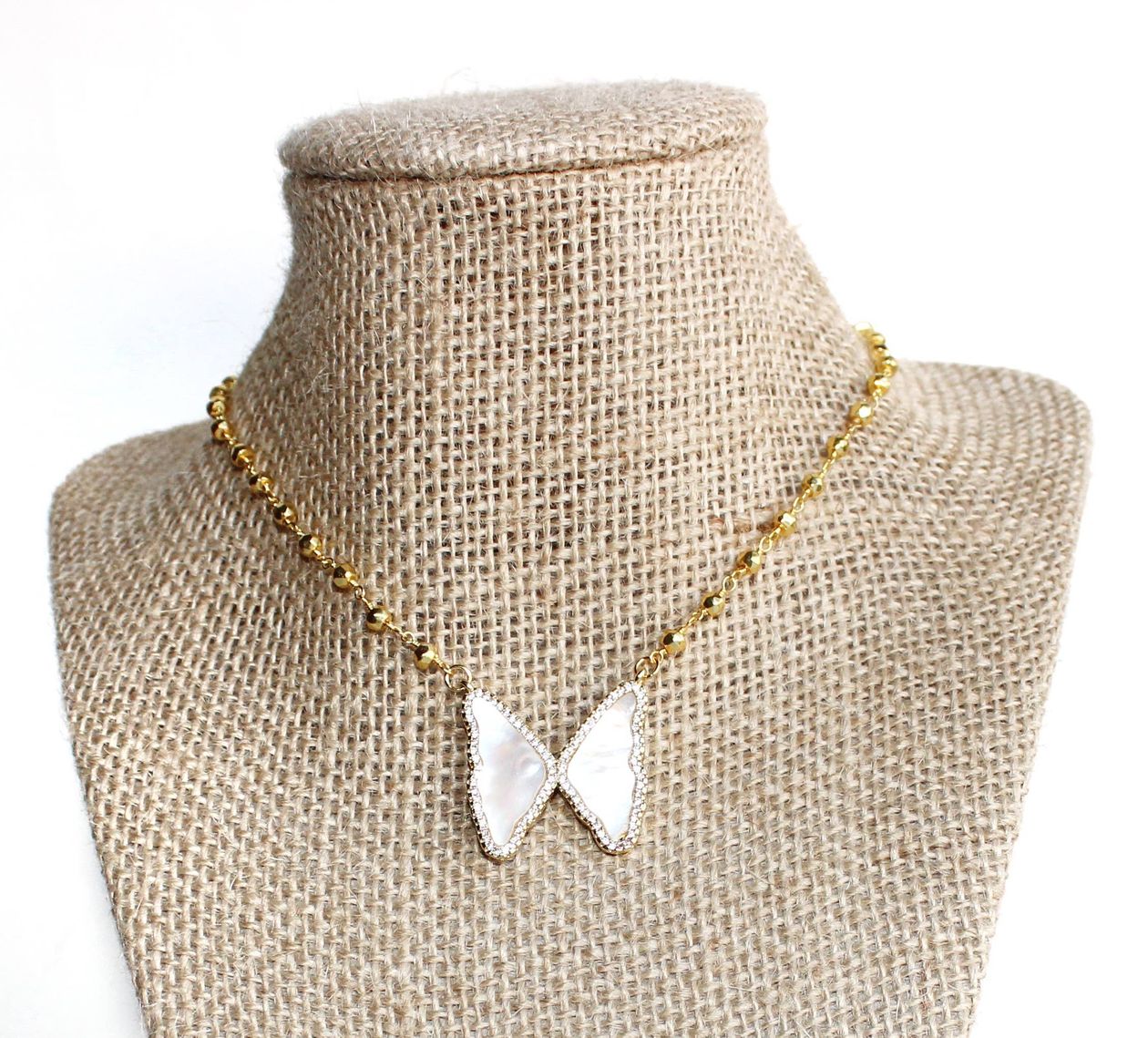 Gold Beaded Mother of Pearl Butterfly Necklace